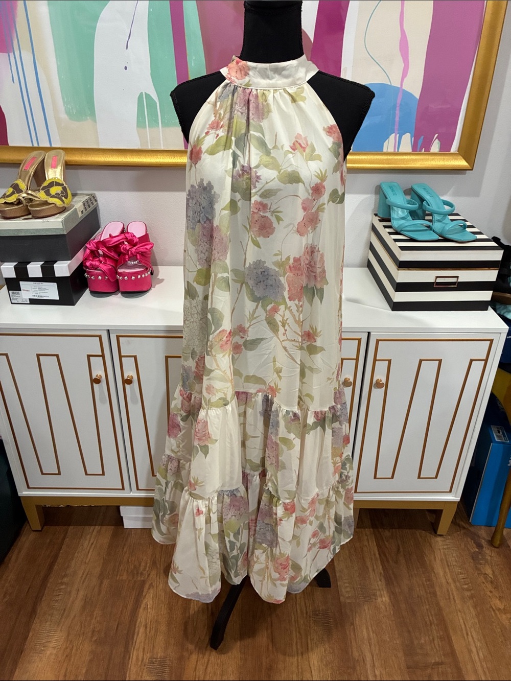 Ivory Floral Halter Tiered Midi Dress